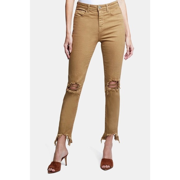 NWT L'AGENCE HIGH LINE High Rise Skinny Destroyed Hem Jeans Sahara Sz 25 - Picture 1 of 4
